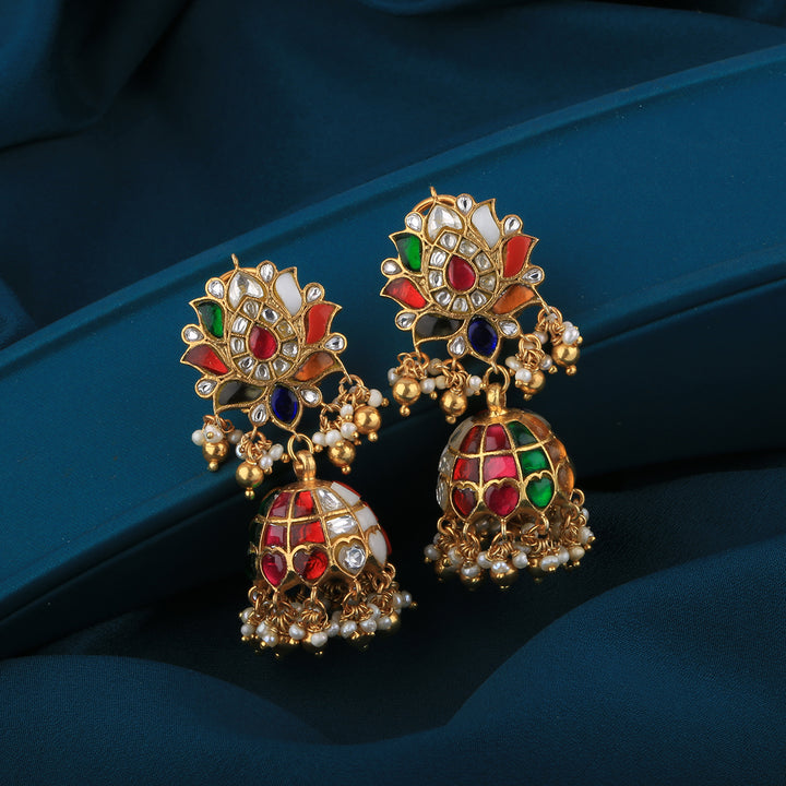 Kundan-Floral-Gold-Polish-Silver-Earrings
