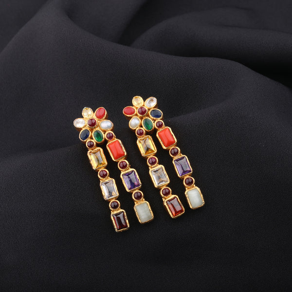 Floral-Navaratna-Gold-Plated-Silver-Drop-Earrings